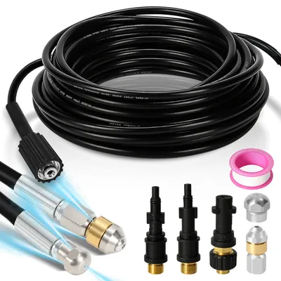 Immagine prodotto di Set di tubi per la pulizia dei tubi Clanmacy 10M, con ugelli rigidi + rotanti, 3 adattatori, per idropulitrici standard, set universale per la pulizia dei tubi