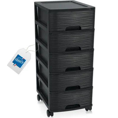 A black plastic drawer unit with wheels and a tag attached.