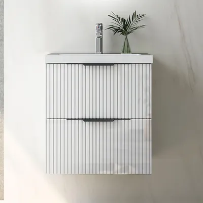 Produktbild von Waschtisch mit Unterschrank 50cm RIVA Badmöbel Set Hochglanz Weiß Waschbecken mit Unterschrank Softclose