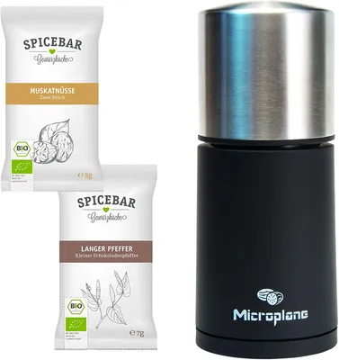 Produktbild von Microplane Gewürzmühle Edelstahl Set mit Muskatnüssen & Langpfeffer von Spicebar 36092
