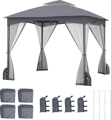 Produktbild von GOPLUS 3 m x 3 m Pavillon, Gartenpavillon mit Doppeldach, Netzseitenwänden, 4 Sandsäcken & 8 Erdnägeln, Pavillonzelt für Terrassen & Rasen (Grau)