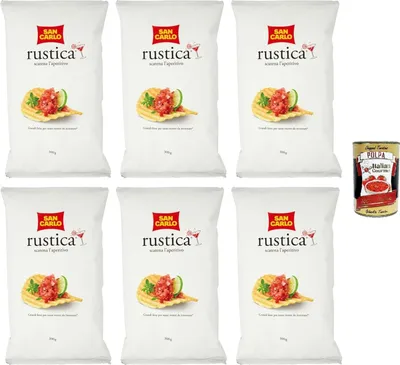 Produktbild von San Carlo Rustica Kartoffelchips gross geriffelt 6 x 300g Familienpackung italienische Party Chips fuer Aperitif Snack knusprig+Italienisc Polpa 400g