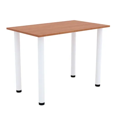 A product shot of a table with a wooden top and white legs against a white background.