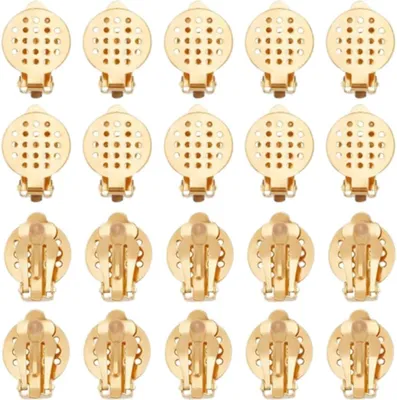 Obrázok produktu pre Náušnice, 20 kusov, oceľové, zapínanie klipsňou, zlatá farba, guľatý, plochý zadný diel, pre ženy, bez piercingu