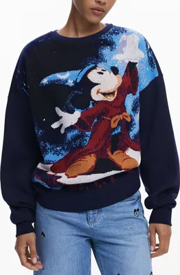 Produktbild von Damen Sweatshirt Blau mit Mickey-Mouse-Druck und Rundhalsausschnitt