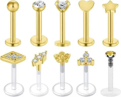 Zdjęcie produktu dla Unyqoos® Elastyczne kolczyki do ust (labret) – zestaw 10 sztuk, złoty kolor, 16G (1,2 mm), długość stabilizatora 8 mm, końcówki 2,5/3/4 mm, wykonane z: stali nierdzewnej 316L, akrylu, cyrkonii i Bioflex