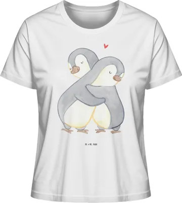 Produktbild von Mr. & Mrs. Panda Damen Kurzarmshirt Pinguine Kuscheln Größe S - Weiß - Geschenk, Freundin, für, Freund, Baumwoll T-Shirt, Hochzeitstag, Frauen, Basic Shirt, Baumwollshirt