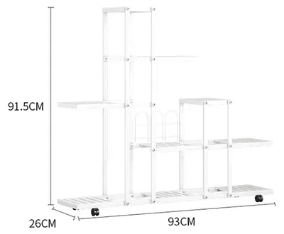 Produktbild von Metall Pflanzenregal - H9036 Eck-Blumenständer mit Rollen - Mehrstöckiges Pflanzengestell - Für innen und außen - Bewegliches Blumenregal - Weiß