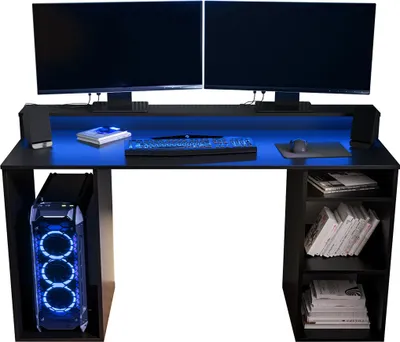 Produktbild von MIRJAN24 Gaming Schreibtisch Gamer 1, Computertisch mit Beleuchtung LED RGB, Monitor Regal, Gaming Stil (Farbe: Schwarz)