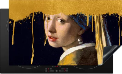 Produktbild von KitchenYeah© Herdabdeckplatte Mädchen mit einem Perlenohrring - Gold - Vermeer , 91x52cm, Küche Deko, Glaskeramikkochfeld Herdabdeckung, Abdeckplatte fùr Kochfeld