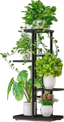 Immagine prodotto di Supporto per piante, struttura in metallo a 4 livelli, design salvaspazio, grigio scuro