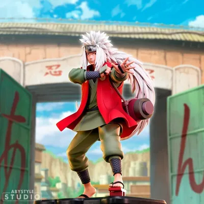 A statue of Jiraiya from Naruto Shippuden in a dynamic pose, standing in front of a traditional Japanese-style gate.
