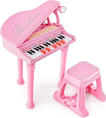 Produktbild von COSTWAY 31 Tasten Kinder Keyboard mit Hocker, Elektronische Klaviertastatur mit mit Mikrofon, LED-Lehrmodus, tragbares Spielzeugklavier Musikinstrument für Kinder ab 3 Jahre (Rosa)