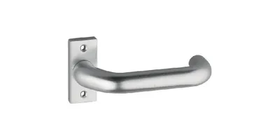 A silver door handle mounted on a white background.