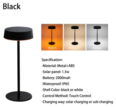 Produktbild von LED-Tischlampe mit Solar- und USB-Ladung, Touch-Steuerung, 3 Lichtfarben, IP65 – Schwarz