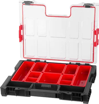 An open black and red organizer box with a clear lid.