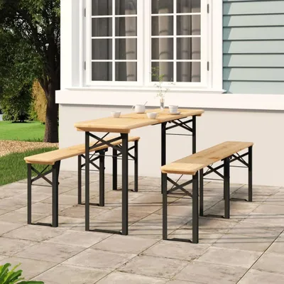 Produktbild von Klappbares 3-teiliges Biertisch-Set aus massivem Tannenholz, 170x46x75 cm, dunkelgrünes Metallgestell für Garten, Camping und Picknick