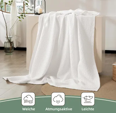 Obrázok produktu pre Bavlnená deka 220x240 cm, vafľový vzor, bielená biela, pre obývačku