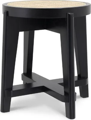 Produktbild von Casa Padrino Luxus Hocker Schwarz / Naturfarben Ø 44,5 x H. 47 cm - Runder Massivholz Sitzhocker mit Rattangeflecht - Wohnzimmer Möbel