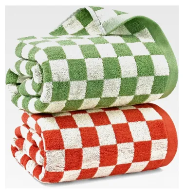 Produktbild von Karierte Badetücher für das Badezimmer, 2 Stück, Duschtücher, 139,7 x 69,8 cm, saugfähig und schnell trocknend (orange + grün)