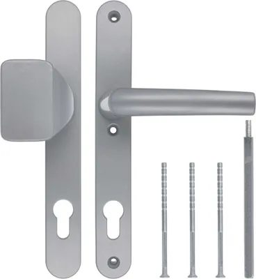 Tuergriff-Tuerdruecker-Tuerklinke-Drueckergarnitur-DHS-92mm-Schildbreite-28mm-Silber-F1-mit-Knauf