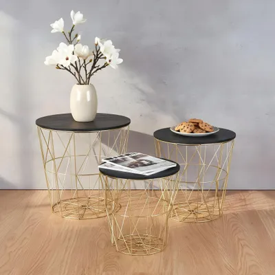 Produktbild von 3er Set Beistelltisch Metall Metallkorb Drahtkorb Gold Schwarz Couchtisch Deckel Deko