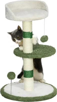 Produktbild von PawHut Kratzbaum Klein 64 cm Runder Katzenbaum mit Liegefläche, Spielball, Sisal- Katzenkratzbaum, Kletterbaum für Katzen bis zu 4 kg, Katzenmöbel, Weiß, Grün