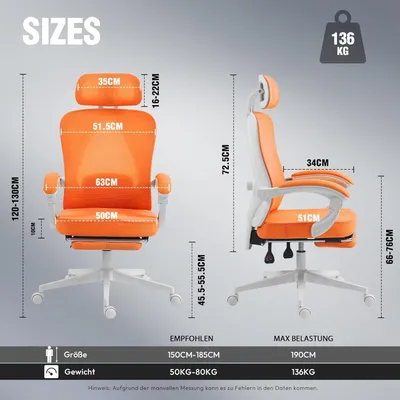 Obrázok produktu pre Ergonomická kancelárska stolička s nastaviteľnou opierkou chrbta a sieťovinou, farba: oranžová
