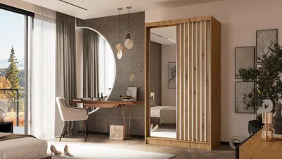 Produktbild von ALTDECOR Kleiderschrank mit Spiegel und Schiebetüren, kugelgelagerte Führungsschienen und Aluminium-Leisten - LAMELO - 120 cm - Artisan/Artisan/Weiß