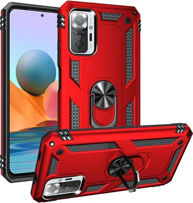 Produktbild von Conie Outdoor Schutzhülle für Xiaomi Redmi Note 10 Pro Tasche Silikon Hard Case Cover Hülle mit Halter Ständer in Rot