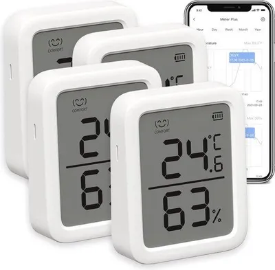 Produktbild von Innenthermometer und Luftfeuchtigkeitsmessgerät Set von 4 - Bluetooth Temperatur- und Luftfeuchtigkeitsmessgerät für Babyzimmer, Haus und Garten mit intelligenten Warnungen