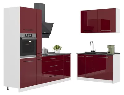 Image de Cuisine Vicco Fame-Line Rouge bordeaux Haute brillance/Blanc 220 x 120 cm, PT Chêne, Model 65024