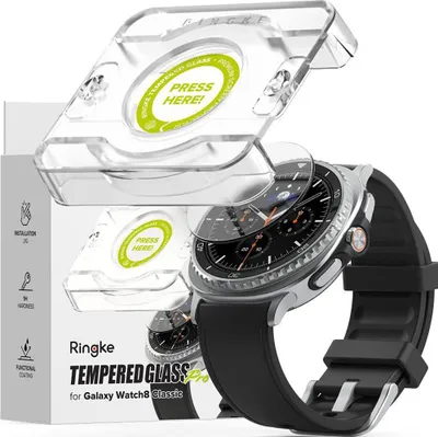 A smartwatch with a screen protector and its installation guide.