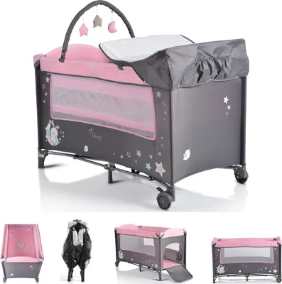 Produktbild von Moni Reisebett Sleepy Rollen, Wickelauflage, Matratze, Spielbogen, Seiteneingang grau pink