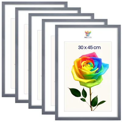 Obrázek produktu pro MG Design, sada 5 kusů rámečků na obrázky, rozměr 30 x 45 cm – rámečky na plakáty se šedým rámem z masivního dřeva a odolným akrylovým sklem, vhodné pro vertikální i horizontální formáty, s robustním systémem pro zavěšení na zeď