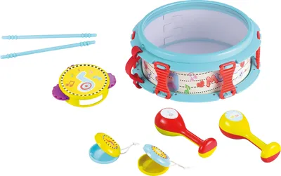 Produktbild von Musikinstrumenten-Set mit Trommel, Rumba-Kugeln, Kastagnetten, Tamburin und Trommelstöcken, 27 cm
