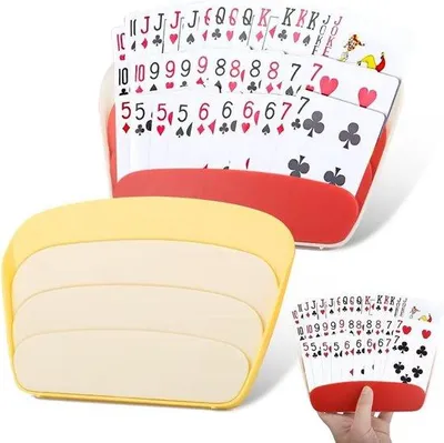 Obrázok produktu pre Držiak na dve karty s upevnením na stôl – vhodný pre deti aj dospelých, kompatibilný s hracími kartami UNO a Pinochle (červená a žltá verzia – 05)