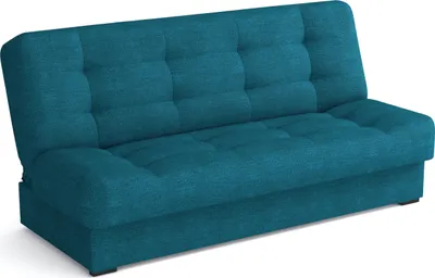 A teal colored sofa bed is shown from a slightly elevated side angle against a white background.