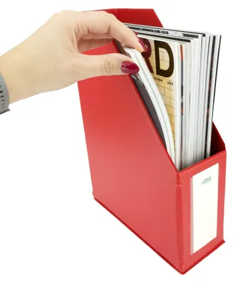 Obrázek produktu pro D.RECT plastový organizér, držák na časopisy, stojan na časopisy s průhledným okénkem pro popis, PVC, formát A4, výška 90 mm, skládací, červený