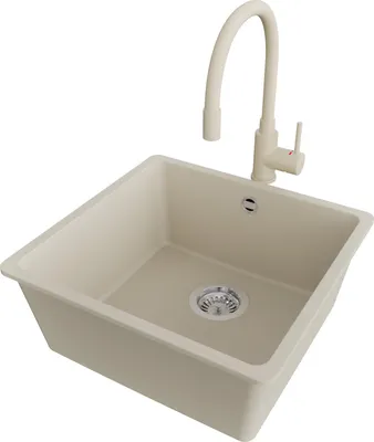 Produktbild von PRIMAGRAN Unterbauspüle Granit Beige 46x44cm, Spülbecken 1 Becken + Küchenarmatur 38x14cm + Ablauf-Set, Granitspüle ab 50er Unterschrank - Venedig Easy