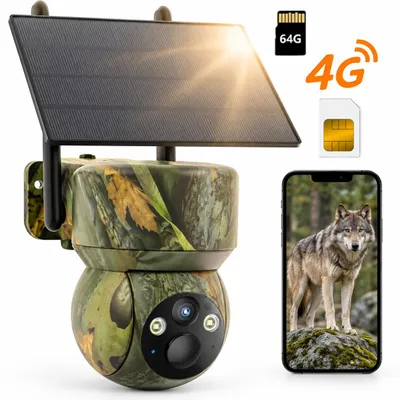 Produktbild von 4G LTE Wildkamera SIM Karte 2K Solar Wildtierkamera Handyübertragung App kabellos Akku überwachungskamera Aussen Farbnachtsicht mit 64G