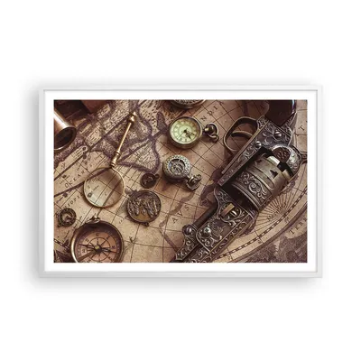Produktbild von Gerahmtes Poster - Weißer Rahmen - Kartographie Vintage Kompass - 91,5x61 cm - Wand Bild - Wanddeko - Wandbilder - Kunstposter - Wandposter - Bilderrahmen - Bilder - Kunstdruck - P2WAA91x61-4582