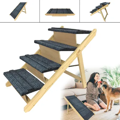 Produktbild von UISEBRT 2-in1 Klappbar Hunderampe aus Holz Hundetreppe für Bett Sofa oder auto Haustiertreppe Bis 100kg Tragbare Katzen Rampe höhenverstellbar Hundeleiter mit Anti-rutsch Einsatz