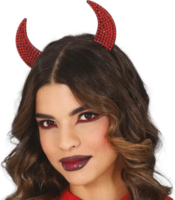 Productafbeelding van Demonische hoornen haarband, glitters, Halloween accessoire, kostuum, feest, kleur: rood
