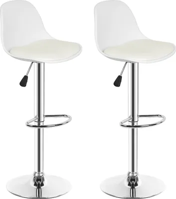 Two white bar stools with cream seats are shown against a white background.