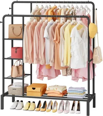 Immagine prodotto di Portaabiti Unyqoos® in metallo, nero – Appendiabiti multifunzionale 165x120x50 cm, alta capacità con ripiano per scarpe, 2 aste appendiabiti e 3 ripiani laterali