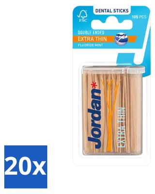 Produktbild von 20 x Jordan Dental Sticks Extra Dün - Interdentalsticks mit Fluorid und Minzgeschmack - Vorteilspackung - 20 Stücke
