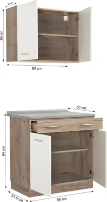 Image de Cuisine linéaire Homestyle4u, largeur 80 cm, finition mate, blanc clair, cuisine intégrée, idéale pour les studios, avec éléments en chêne