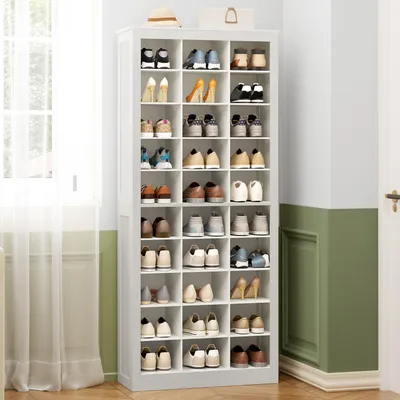 Image de Armoire à chaussures avec 30 compartiments - Blanche - 73 x 31 x 178 cm - En panneaux de particules - Idéale pour l'entrée