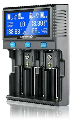 A close-up studio shot of a battery charger with a digital display.